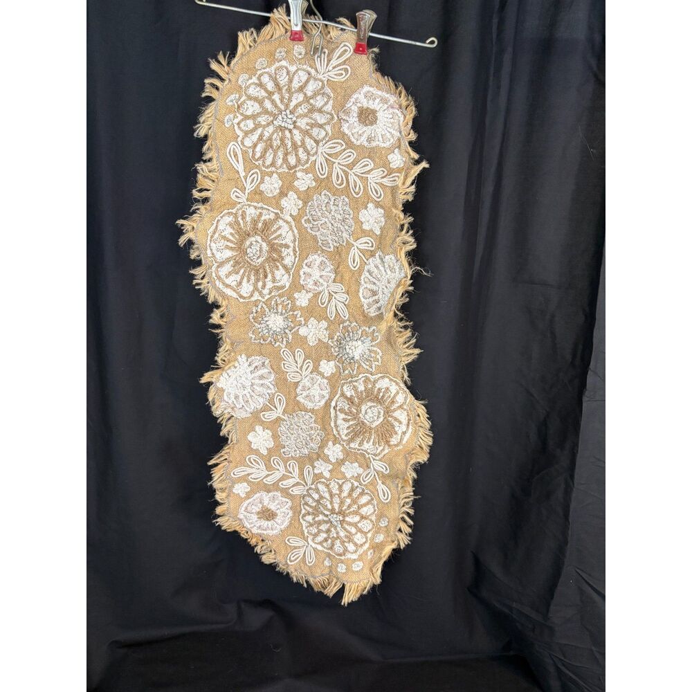 Nicole Miller Home Jute Table Runner 35"x11" Floral Embroidered Lace Fringe Boho